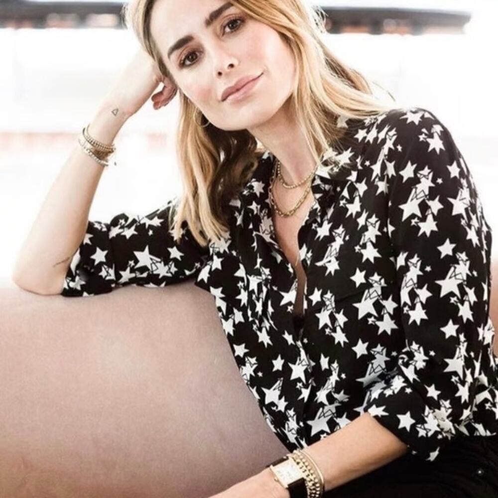 Anine Bing Stella Star Print Silk Button-Down Shirt Black/White Women's Size XS